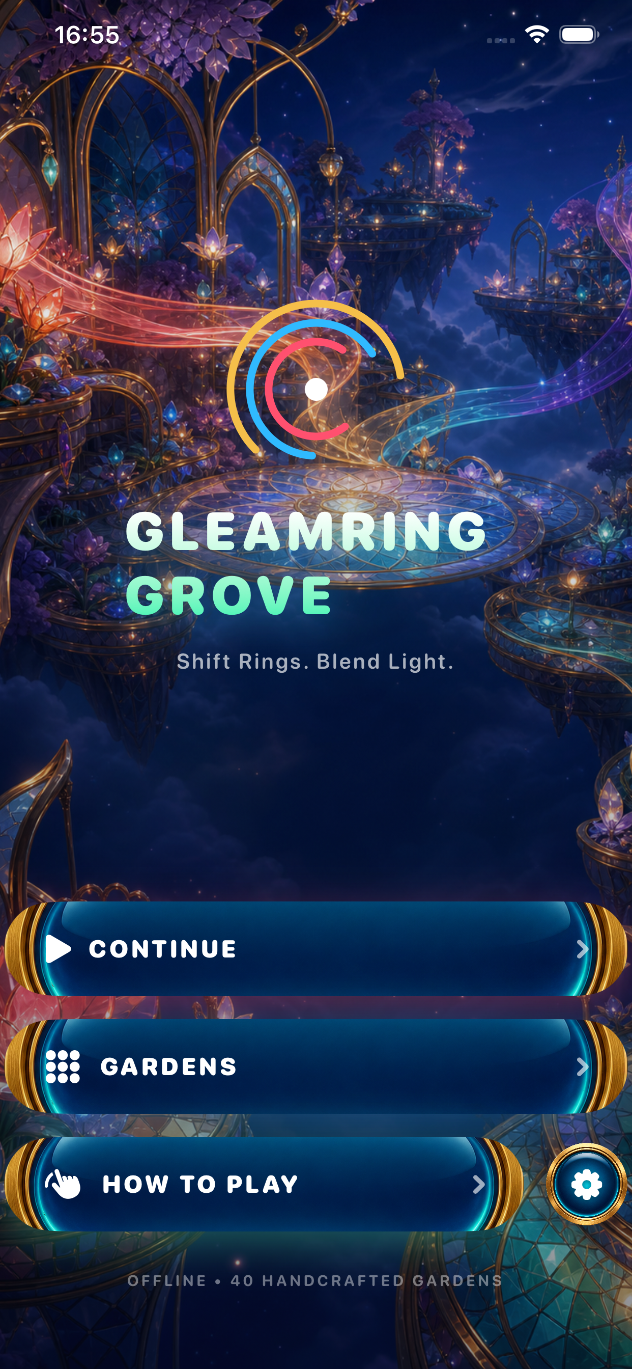 Gleamring Grove home screen set in a luminous floating garden